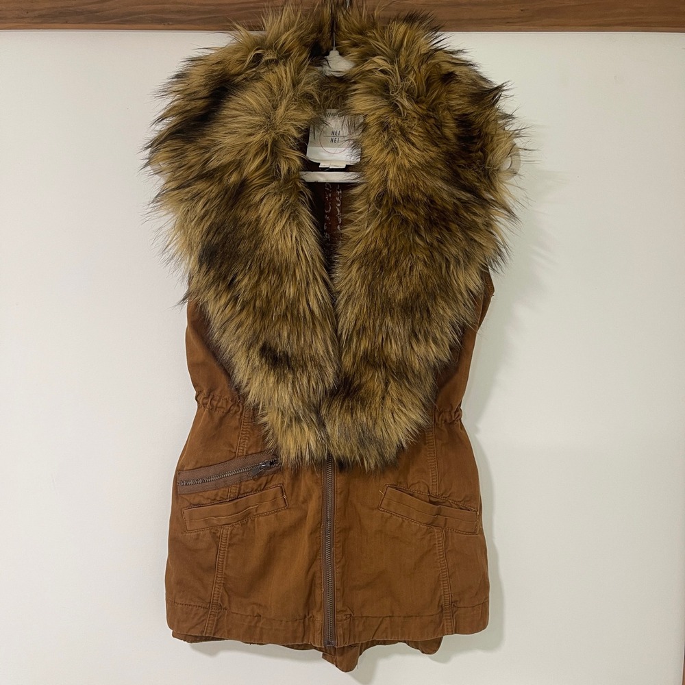 Hei Hei Anthropologie Utility Vest Small Brown Cotton Faux Fur Collar Boho Cargo